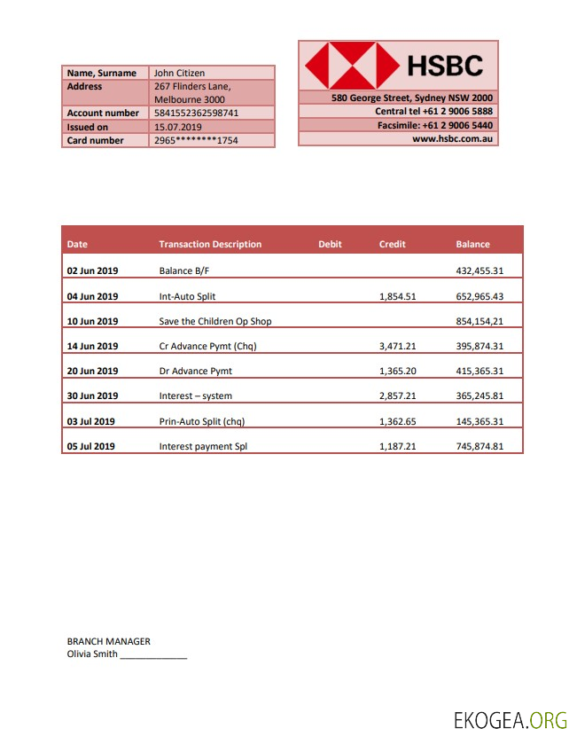 Modèle de relevé bancaire HSBC Australie entièrement modifiable au format Word et PDF